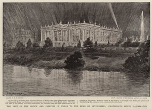 Het bezoek van de Prins en Prinses van Wales aan de Hertog van Devonshire, Chatsworth House verlicht door Henry William Brewer